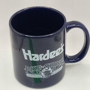HARDEE's Mug Cobalt Blue & White Ceramic 8 OZ Homemade Biscuits Rise & Shine